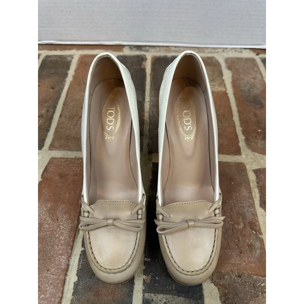 Tod's Two-Tone Leather Loafer Pumps High Stacked Heel Beige & White Women's 6